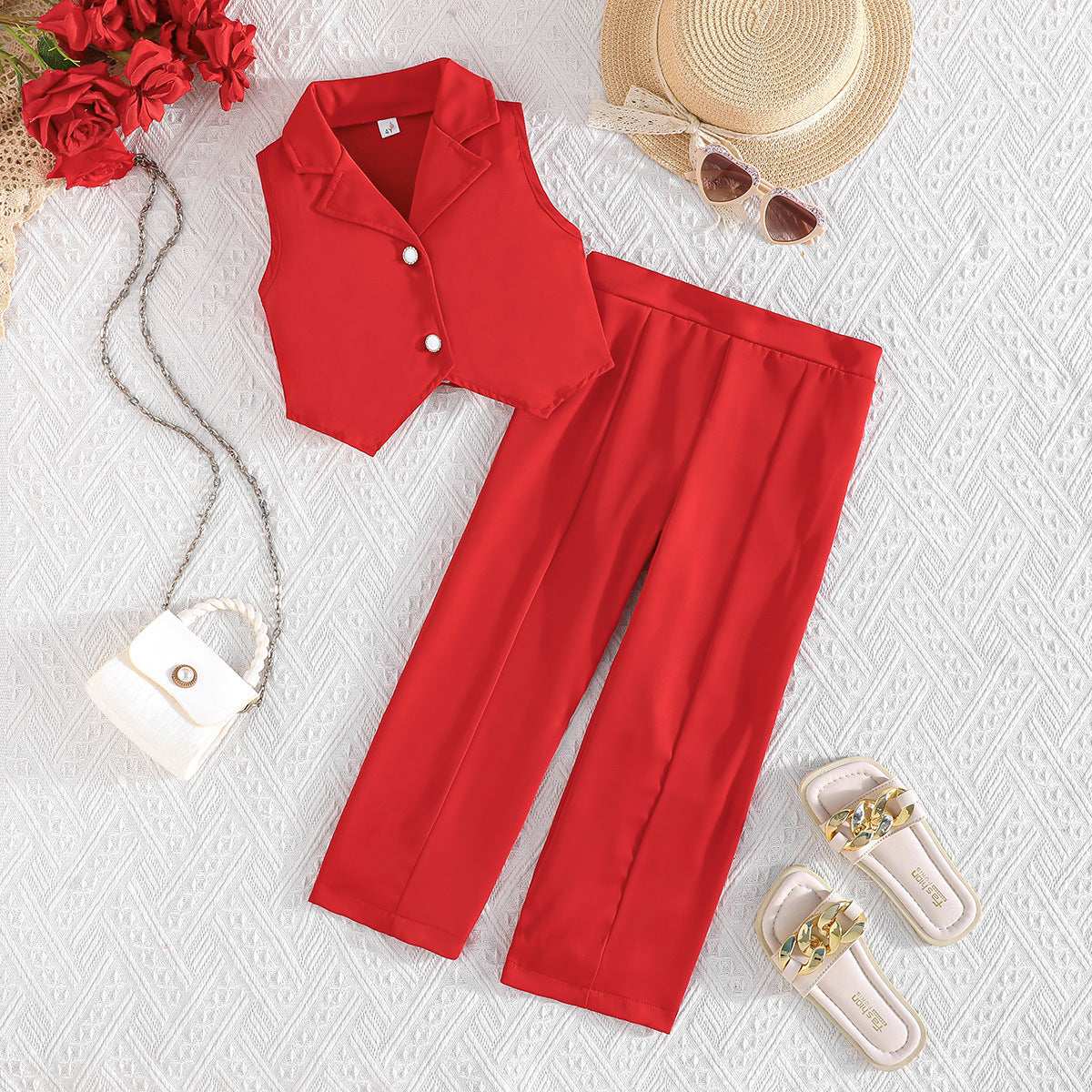 Trendy Summer Girls Two-Piece Set Sleeveless Top & Wide-Leg Trousers