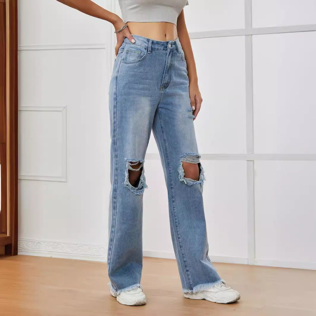 New high-waisted thin ripped, versatile wash denim pants