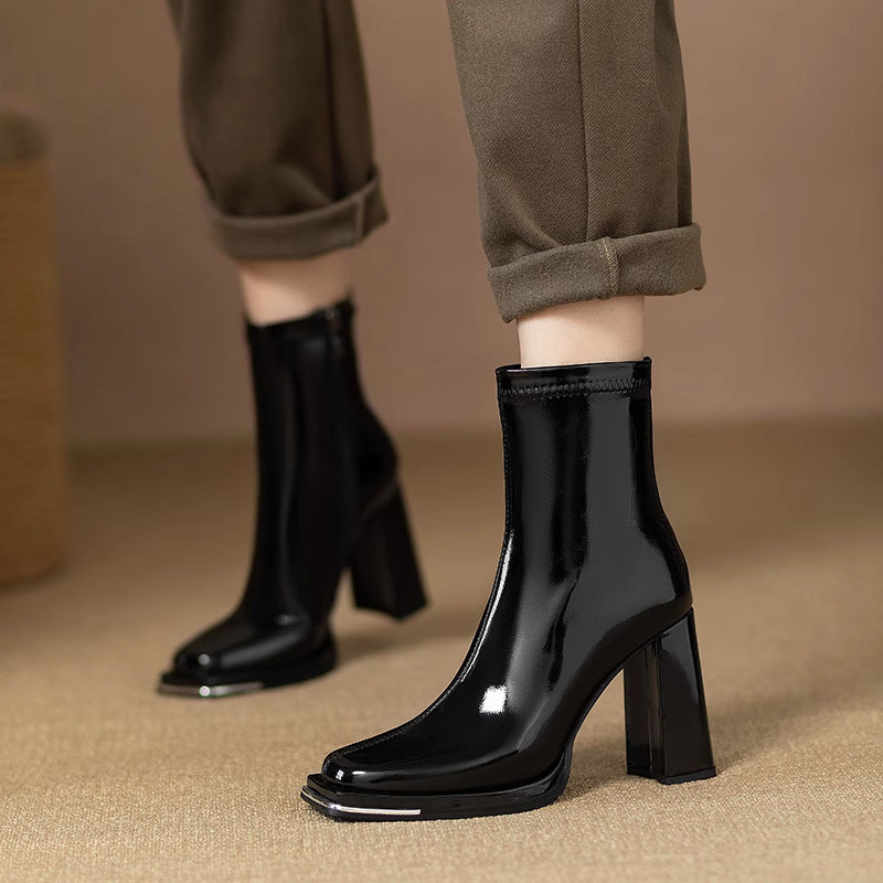 Square Toe High Heel Martin Boots with Side Zipper