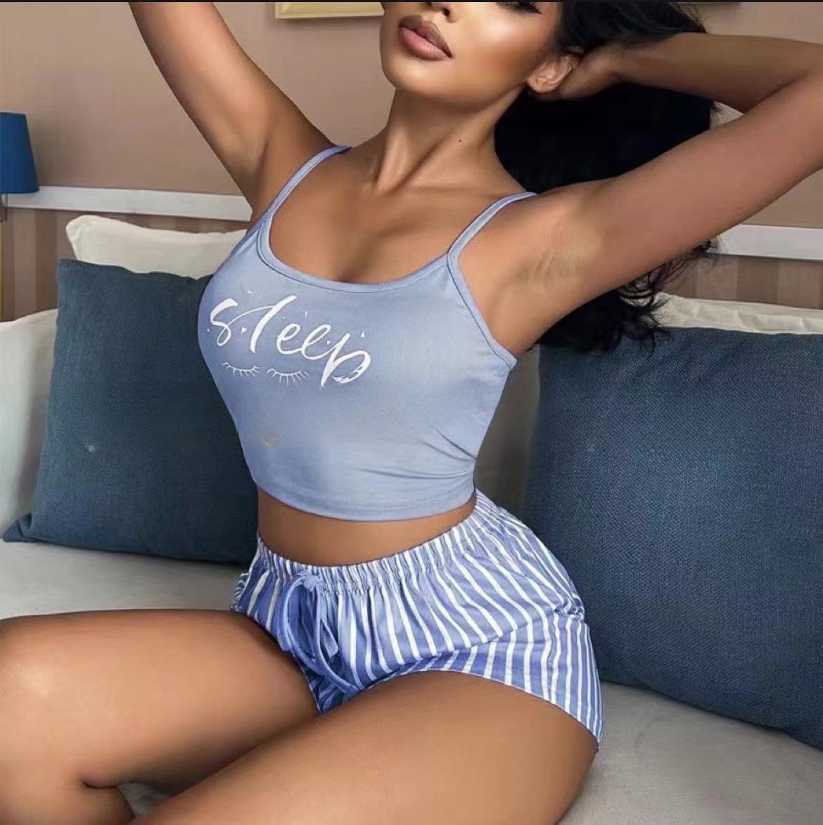 Women's Drawstring Shorts Set Stripe Print Loungewear