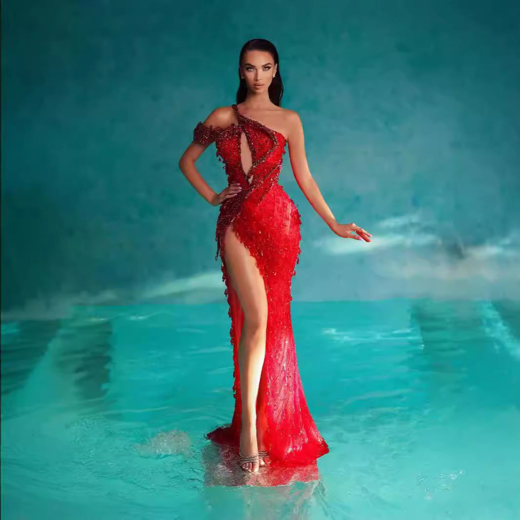 High-waisted slit slim fashion banquet evening dress