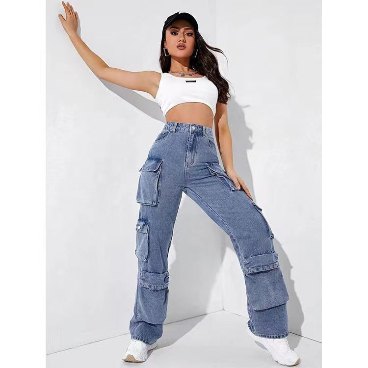 New Zipper Multi-Pocket High Waist Straight Cargo Pants