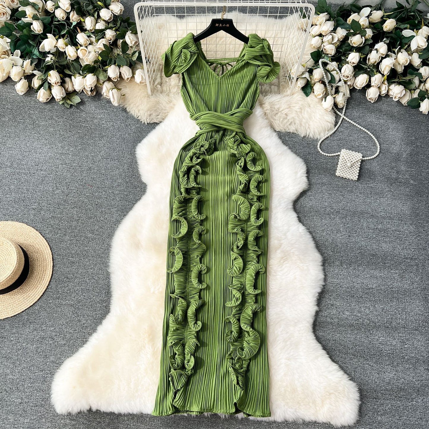 Elegant High-End Pleated Ruffle Evening Dress