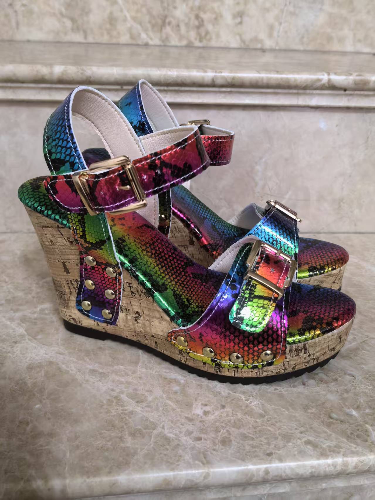 Buckle Stud Fish Mouth Wedge Sandals (On Hand)
