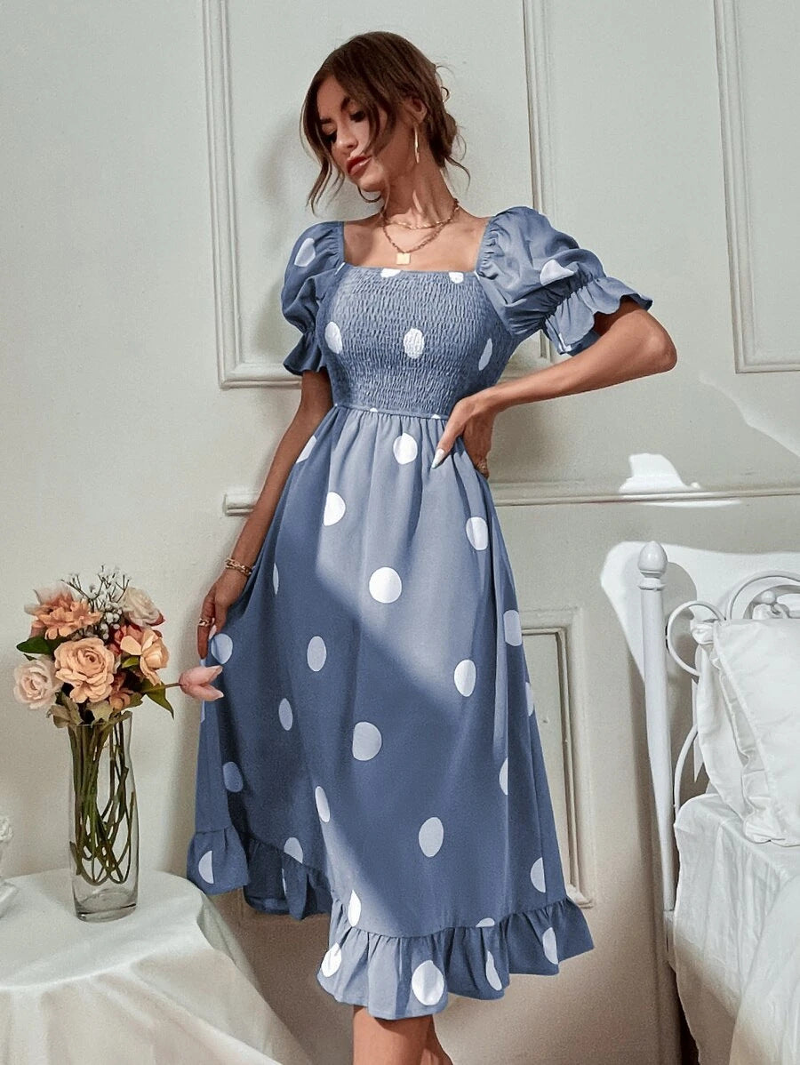 Independent station polka dot print puff sleeve frilled dress