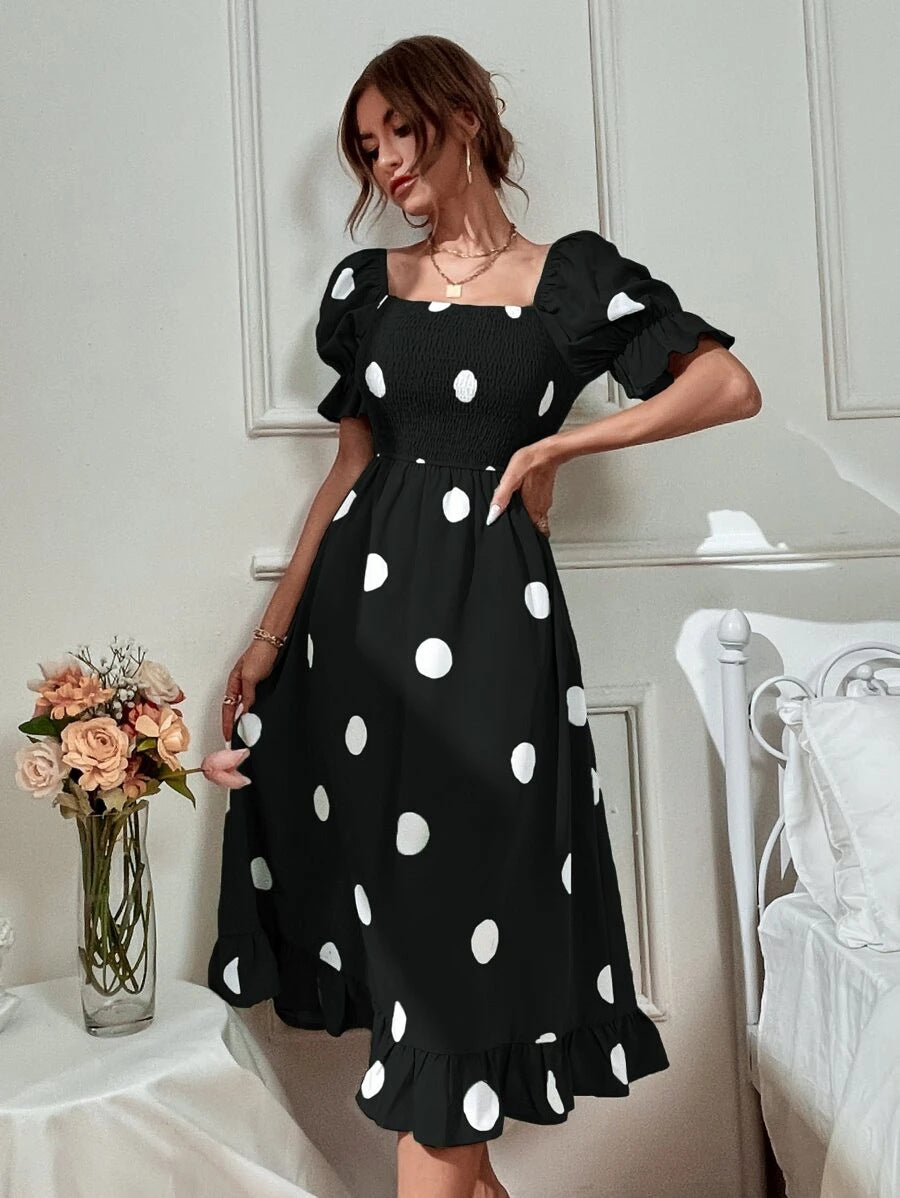 Independent station polka dot print puff sleeve frilled dress