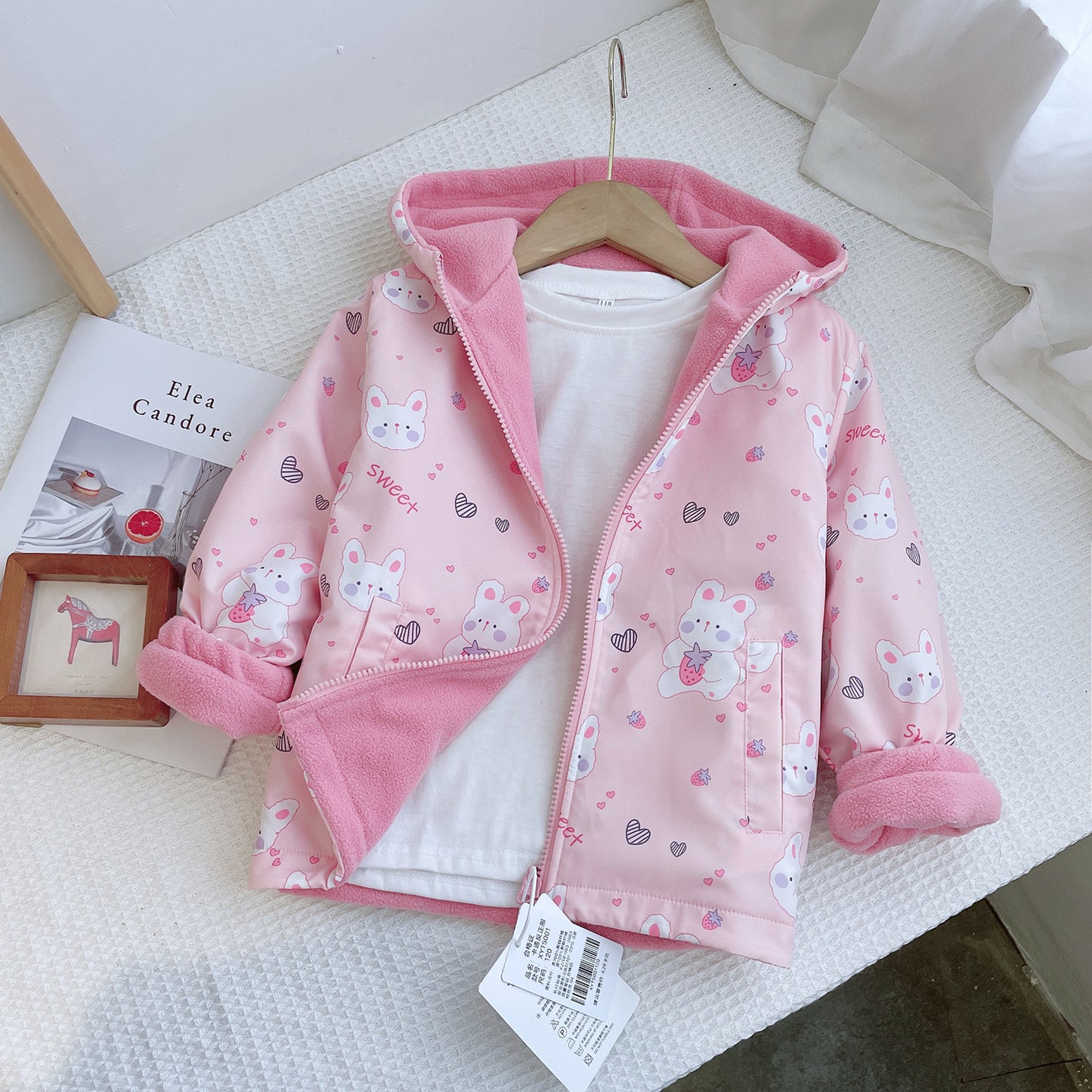 Reversible Girls' Hooded Polar Fleece Jacket Thickened Winter Warmth (On Hand)