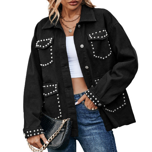 Women's Beaded Fashion Loose and Versatile Denim Jacket