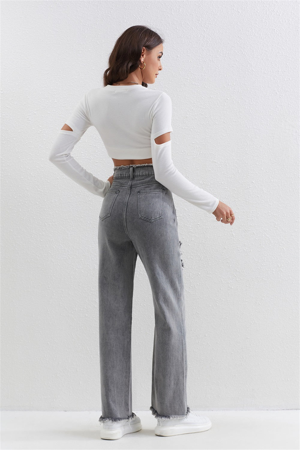 Gray wash ripped straight pants