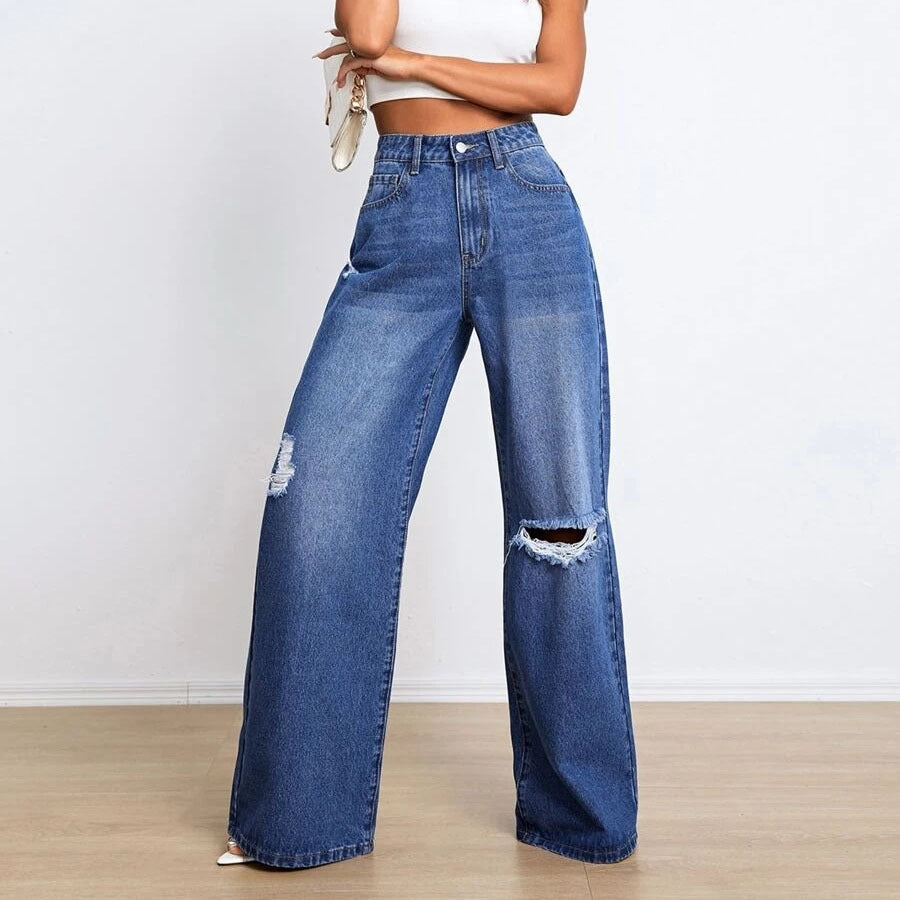 High-waisted ripped, wide-leg pants