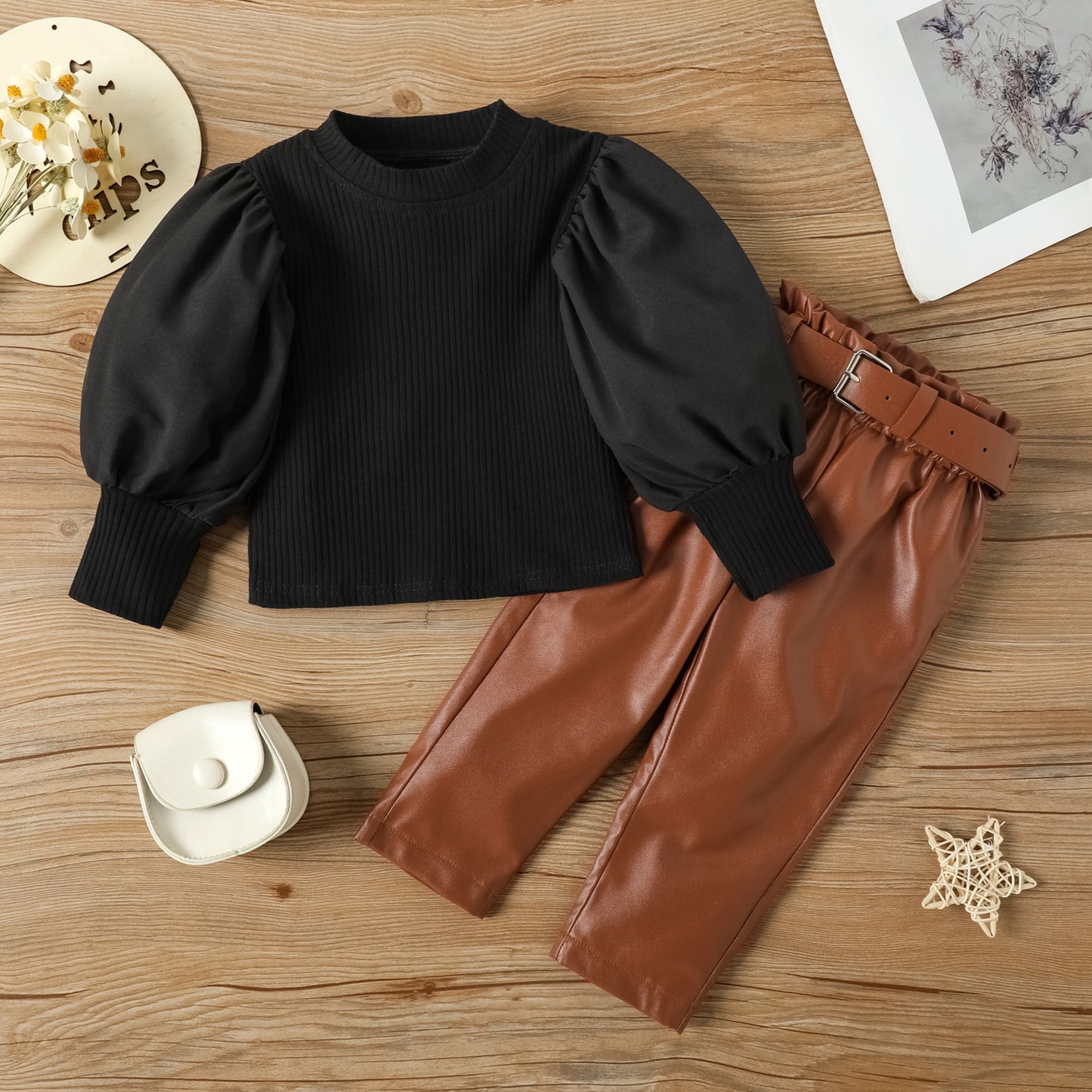 Girls' Spring/Autumn Fashion Set Bubble Sleeve Top & PU Leather Pants
