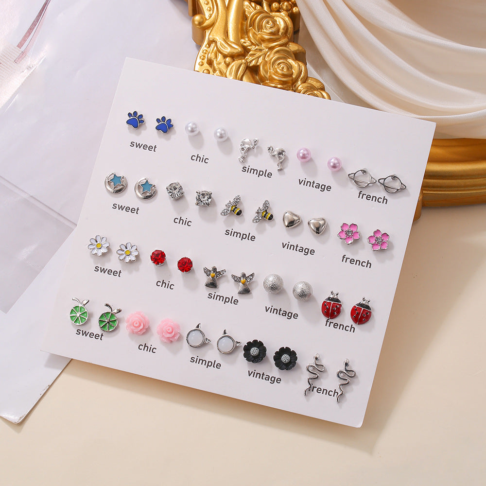 Mini Cute Colorful Diamond Animal Stud Earrings Set - Cartoon Butterfly, Flower, Cactus Designs