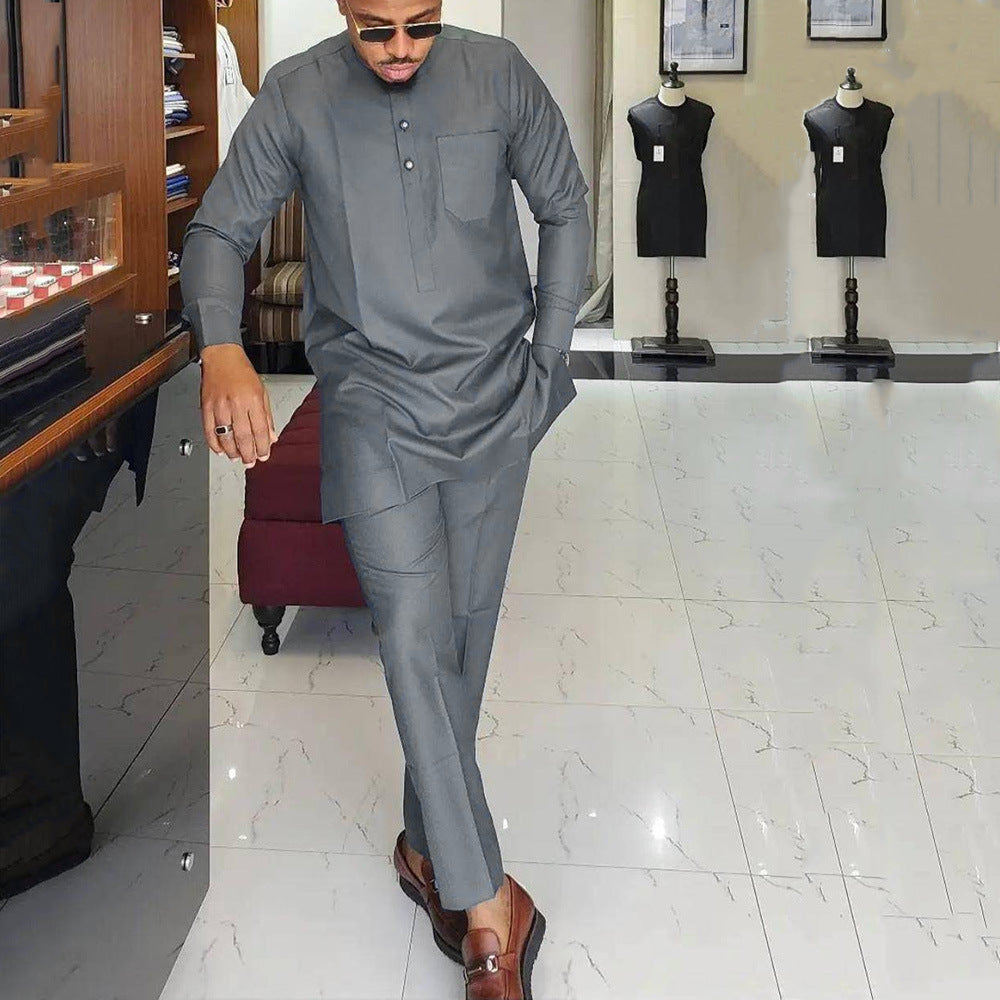 Men's 2-Piece African Ethnic Style Wedding Suit – Festive Solid Color Set