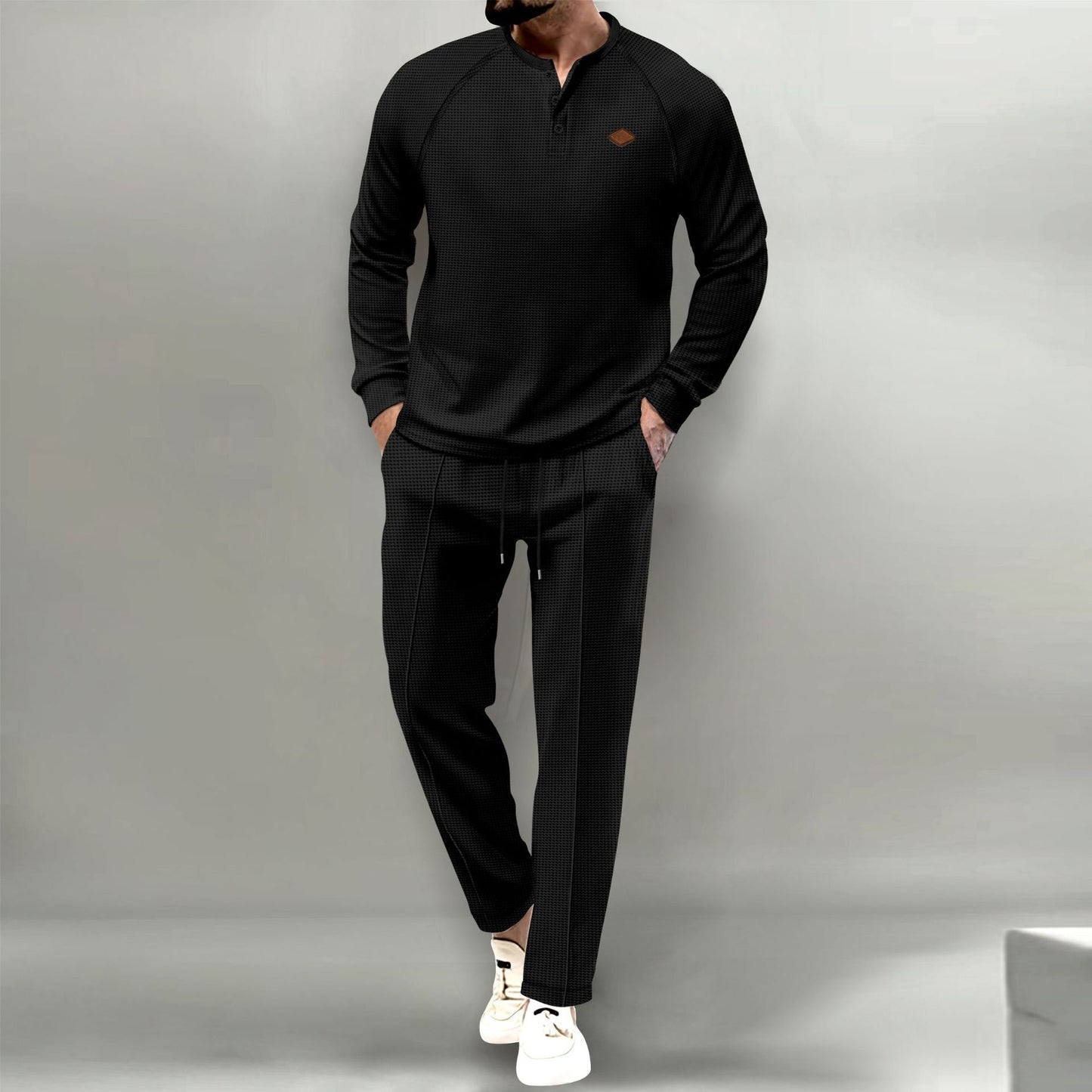 Men's Solid Color Waffle Henley Suit Set