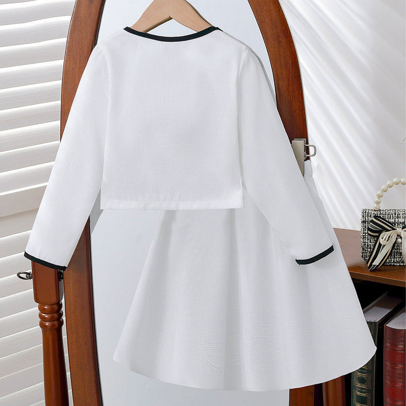 Girls' Bow Two-Piece Set Round Neck Coat + Short Skirt