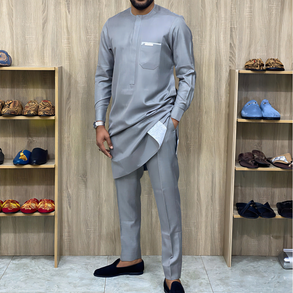 Men's 2-Piece African Ethnic Style Wedding Suit – Festive Solid Color Set