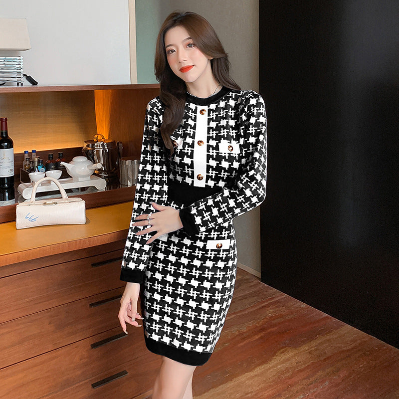 High-End Knitted Plaid Dress