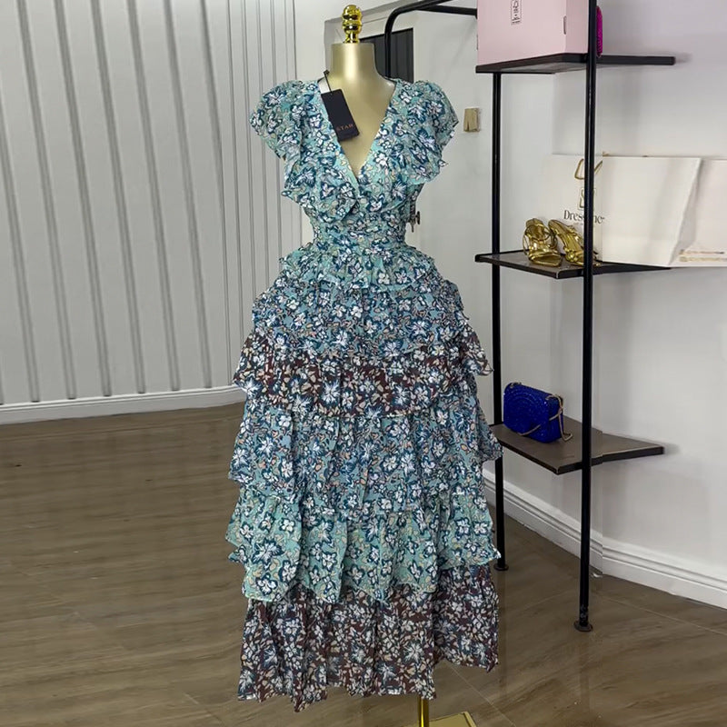 Sweet Print V-Neck High-Waist Cake Skirt Dress