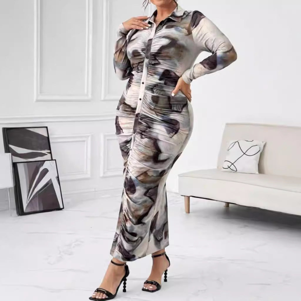 Women's Print Pleated Buttons Slim Fit Tie Dye Plus Size Dress