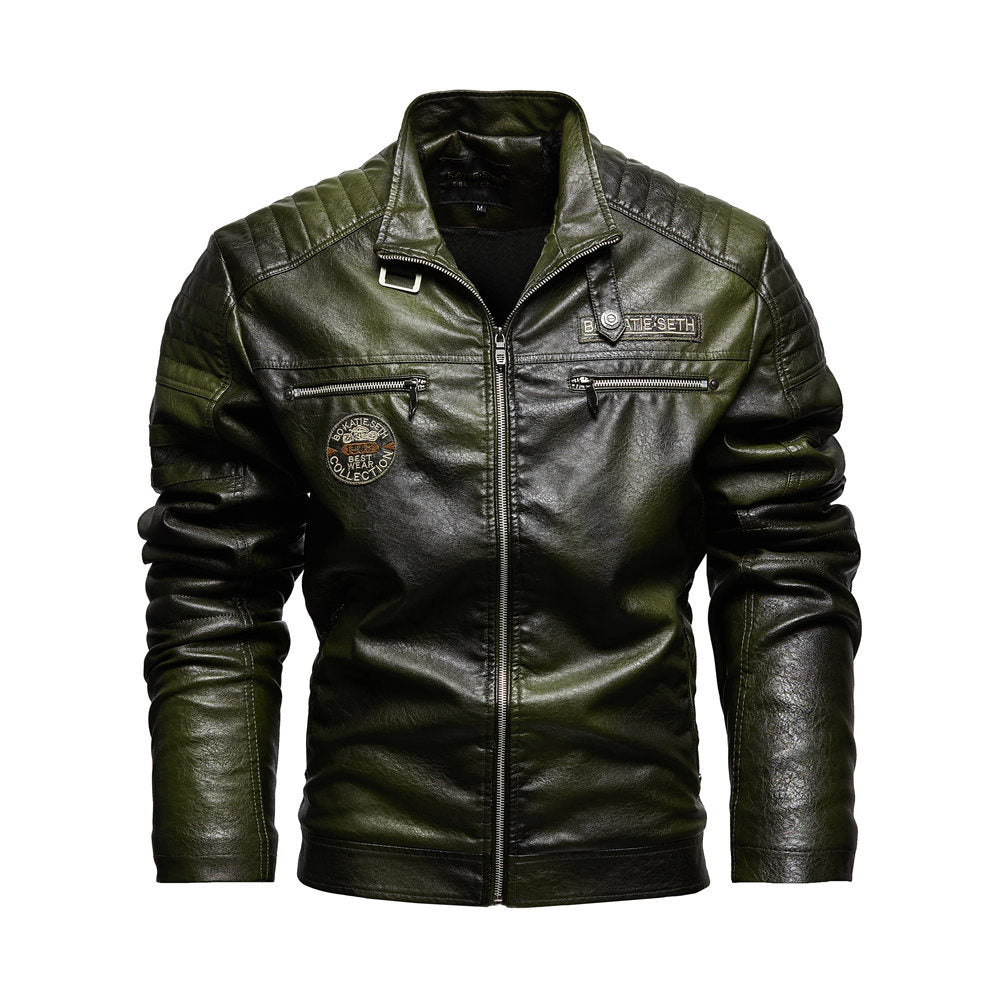 Mens Cross-Border PU Leather Jacket e Motorcycle Coat with Velvet Lining