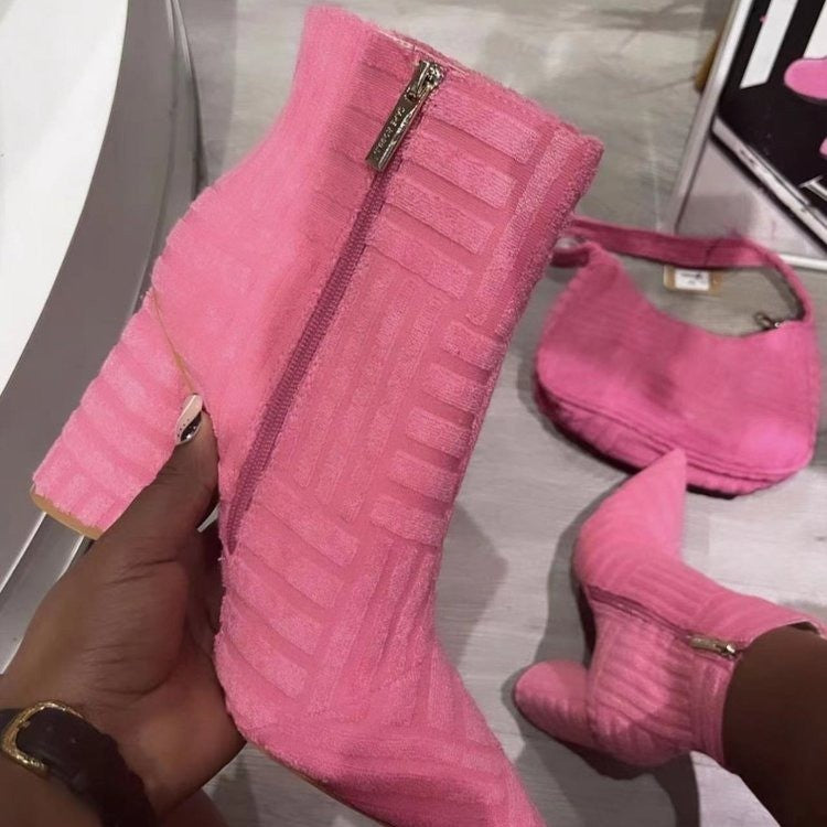Sexy Block Heel Booties with Pointed Toe and Side Zipper: Autumn and Winter Women's Plus Size High Heel Fur Martin Boots