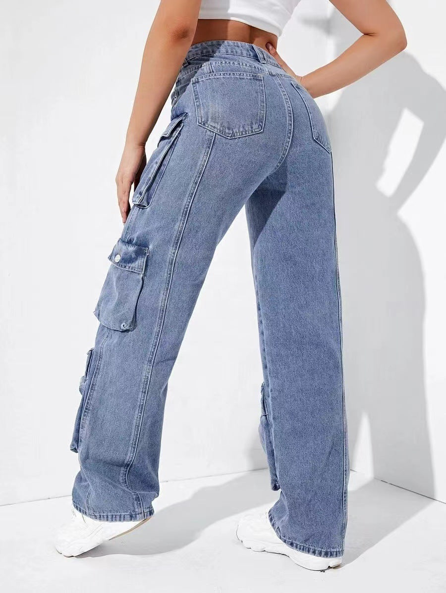 New Zipper Multi-Pocket High Waist Straight Cargo Pants