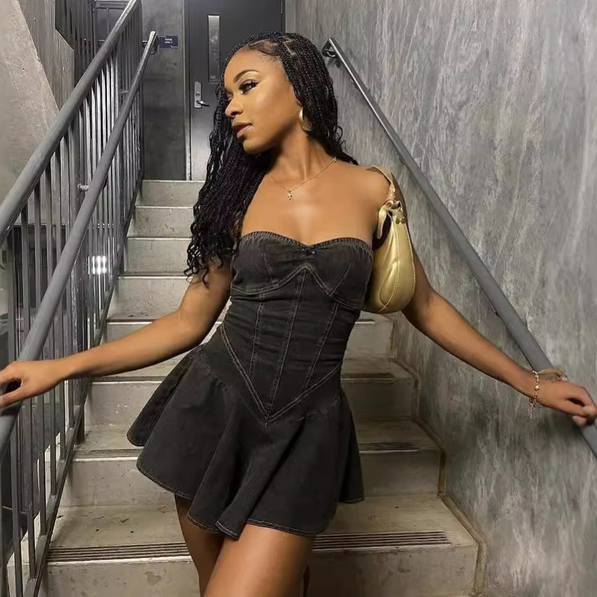 Women's wrap chest, sleeveless, open back, split stitching, tight body, denim dress