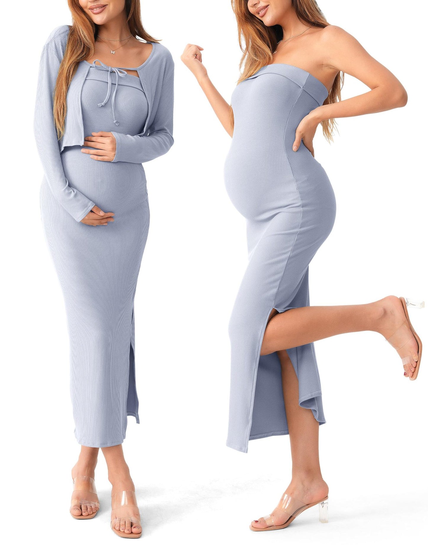 Maternity Knit Two-Piece Set - Long Sleeve Cardigan & Wrap Dress for Summer Comfort