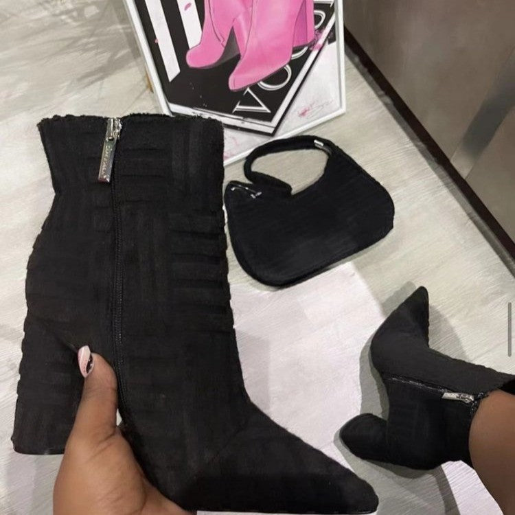 Sexy Block Heel Booties with Pointed Toe and Side Zipper: Autumn and Winter Women's Plus Size High Heel Fur Martin Boots