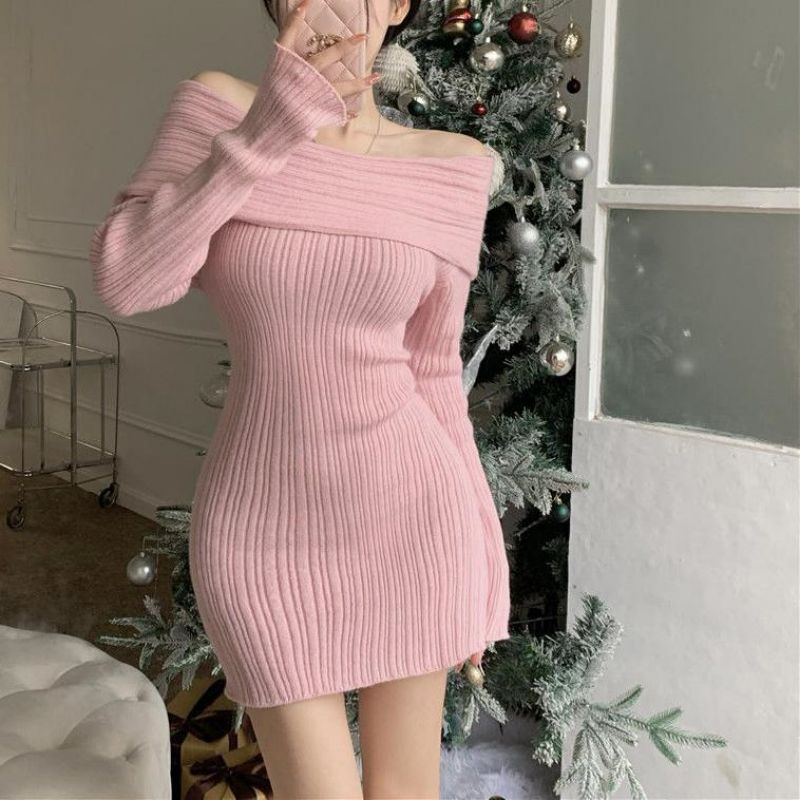 French Straight Shoulder Knit Sweater Dress