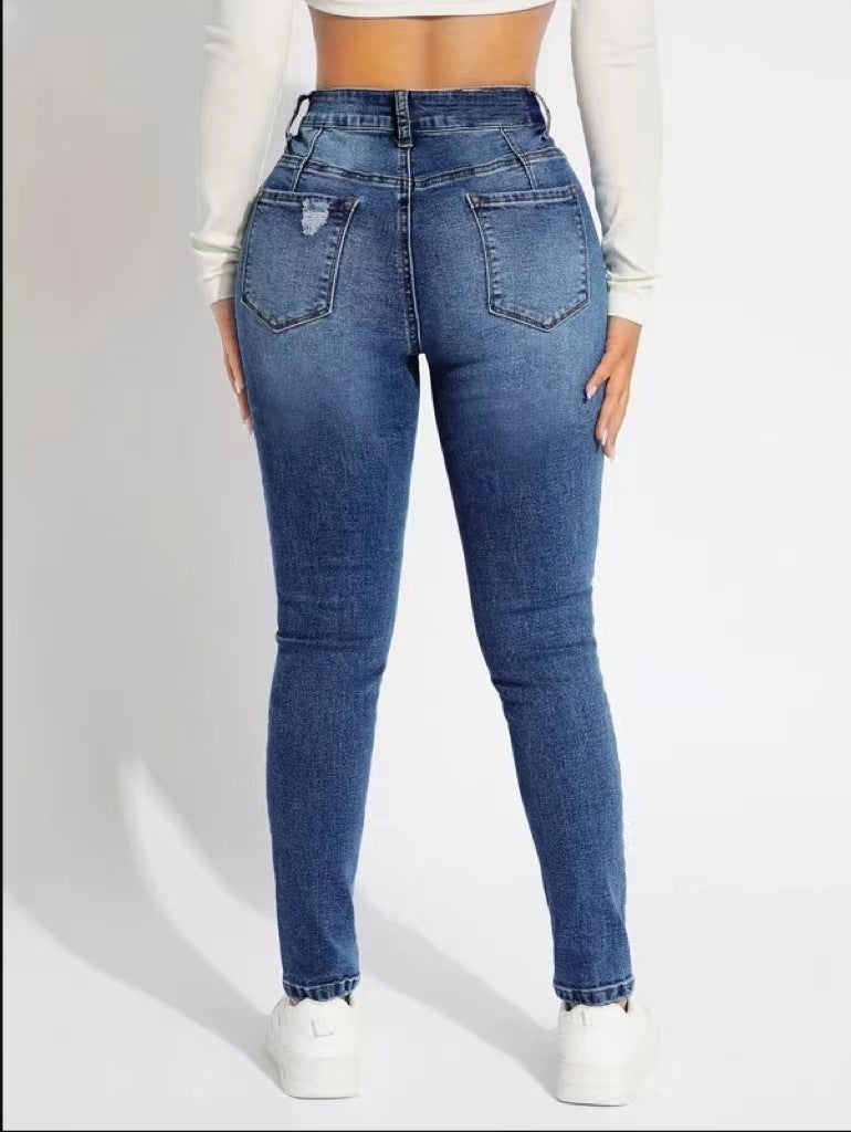 Skinny trend ripped casual fashion small feet jeans