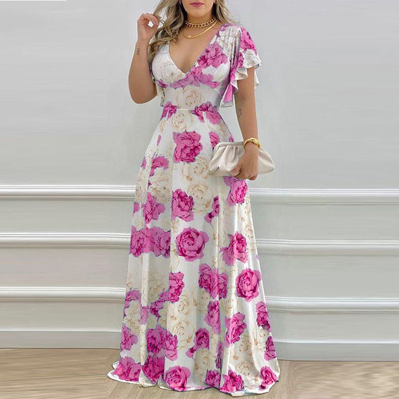 women's temperament sexy V-neck waist print big swing dress