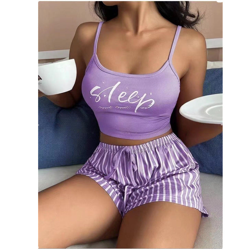 Women's Drawstring Shorts Set Stripe Print Loungewear