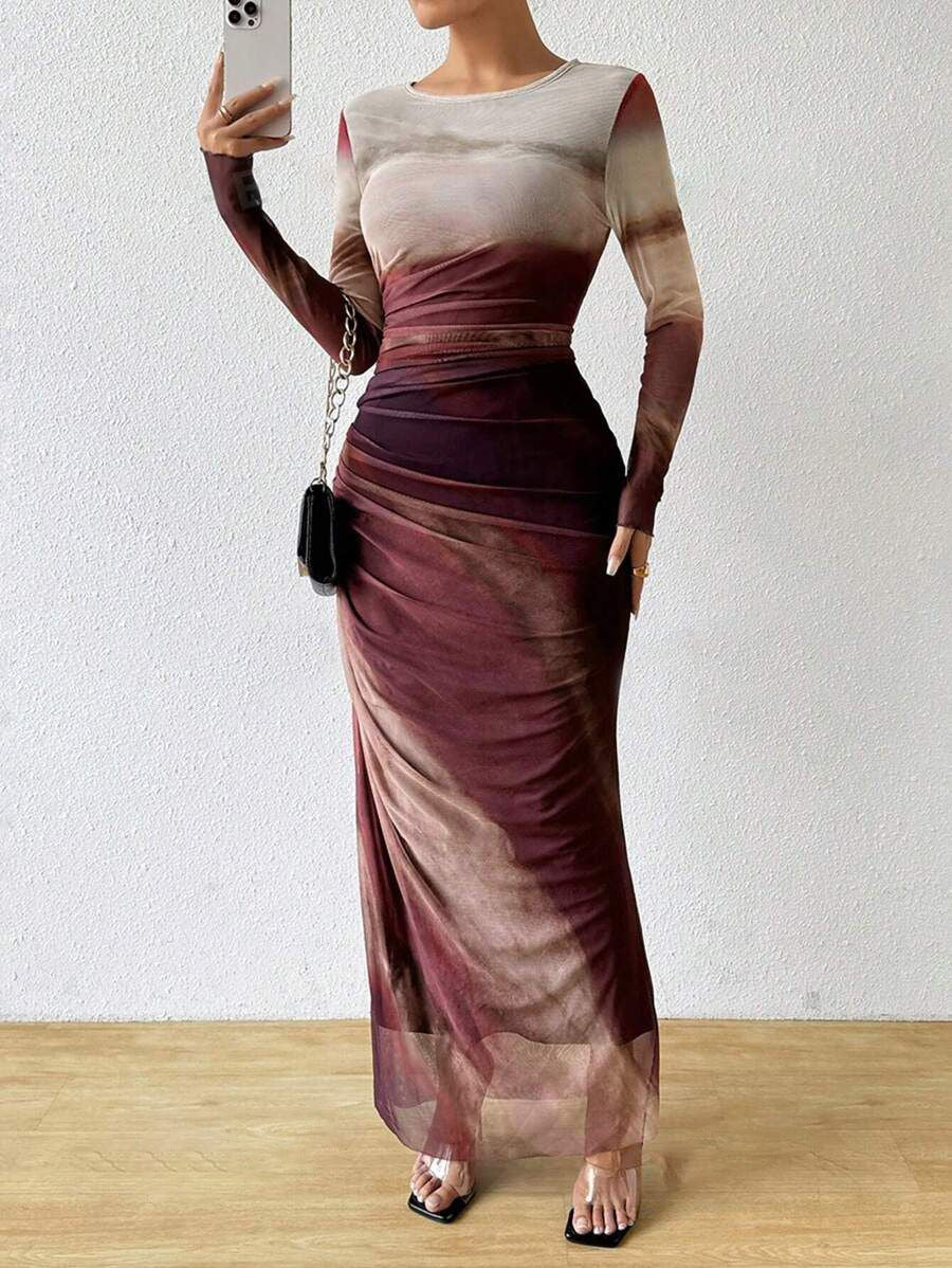 Elegant Contrast Rendered Slim Waist Dress