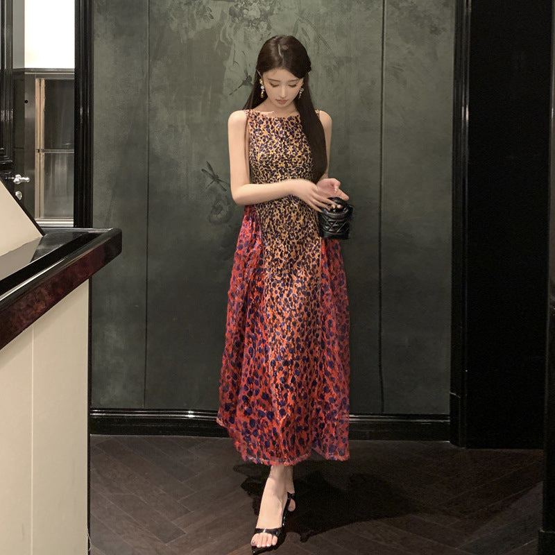 Rose Red Leopard Jacquard Lace Gradient Slim Dress