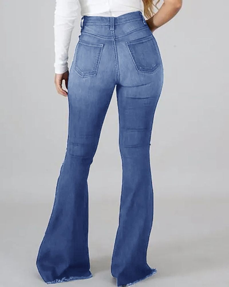 High-elastic ripped, high-waisted flared jeans (On Hand)