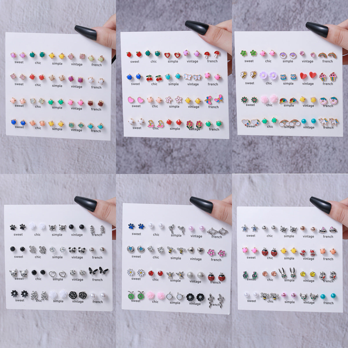Mini Cute Colorful Diamond Animal Stud Earrings Set - Cartoon Butterfly, Flower, Cactus Designs