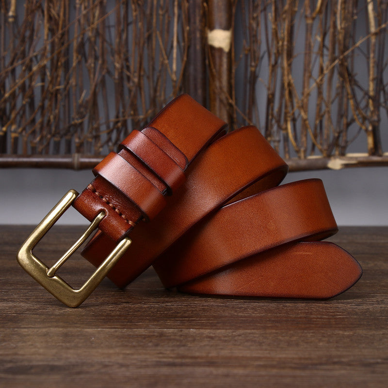 Men’s Genuine Leather Belt with 3.3 cm Pure Copper Pin Buckle