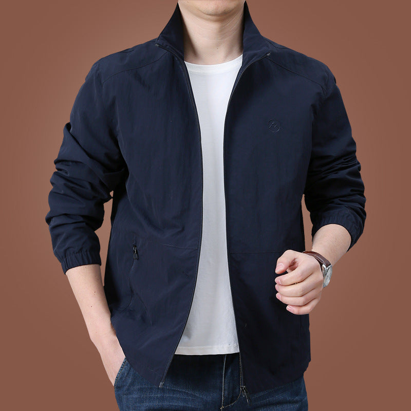 Men's Stand Collar Casual Jacket Plus Size, Solid Color