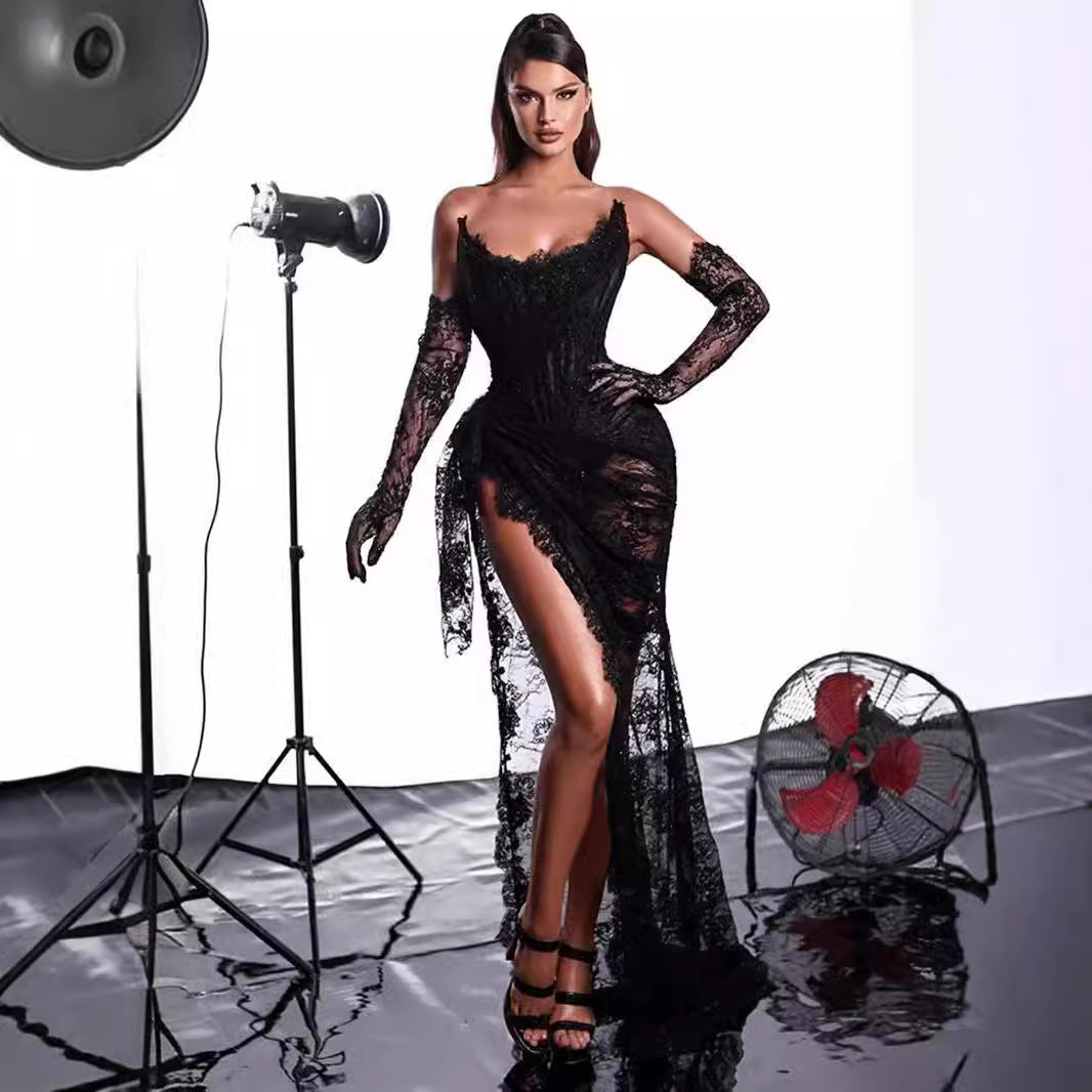 Ladies sexy U-neck sleeveless, gloves lace, buttocks slim evening dress