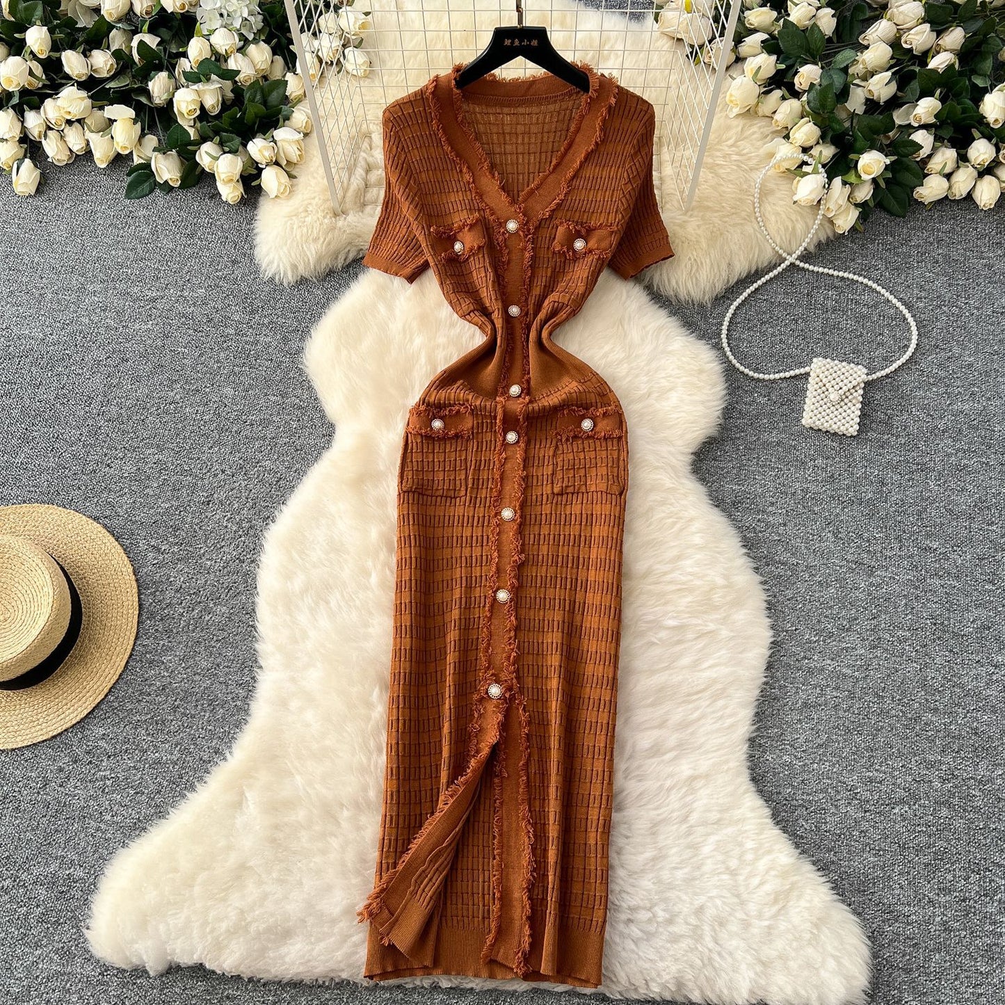 Elegant Retro V-Neck Knitted Dress