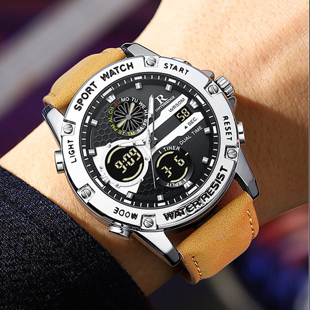 Men's Fashion Analog Digital Quartz Watch - Waterproof Leather Strap