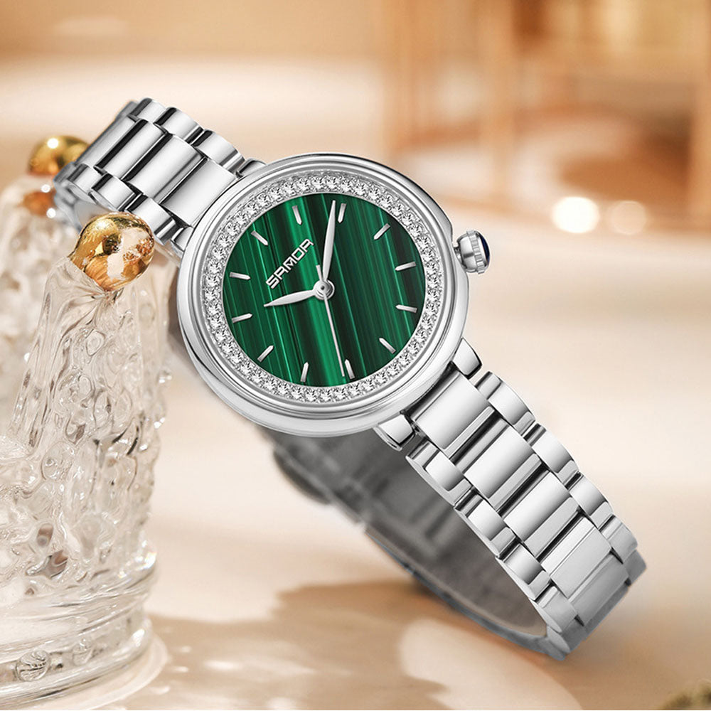 Elegant Malachite Quartz Watch with Crystal Stones - Luxury Women's