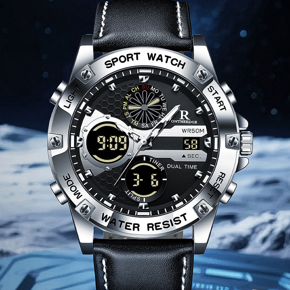 Dual Display Leather Men's Watch - Water Resistant Quartz