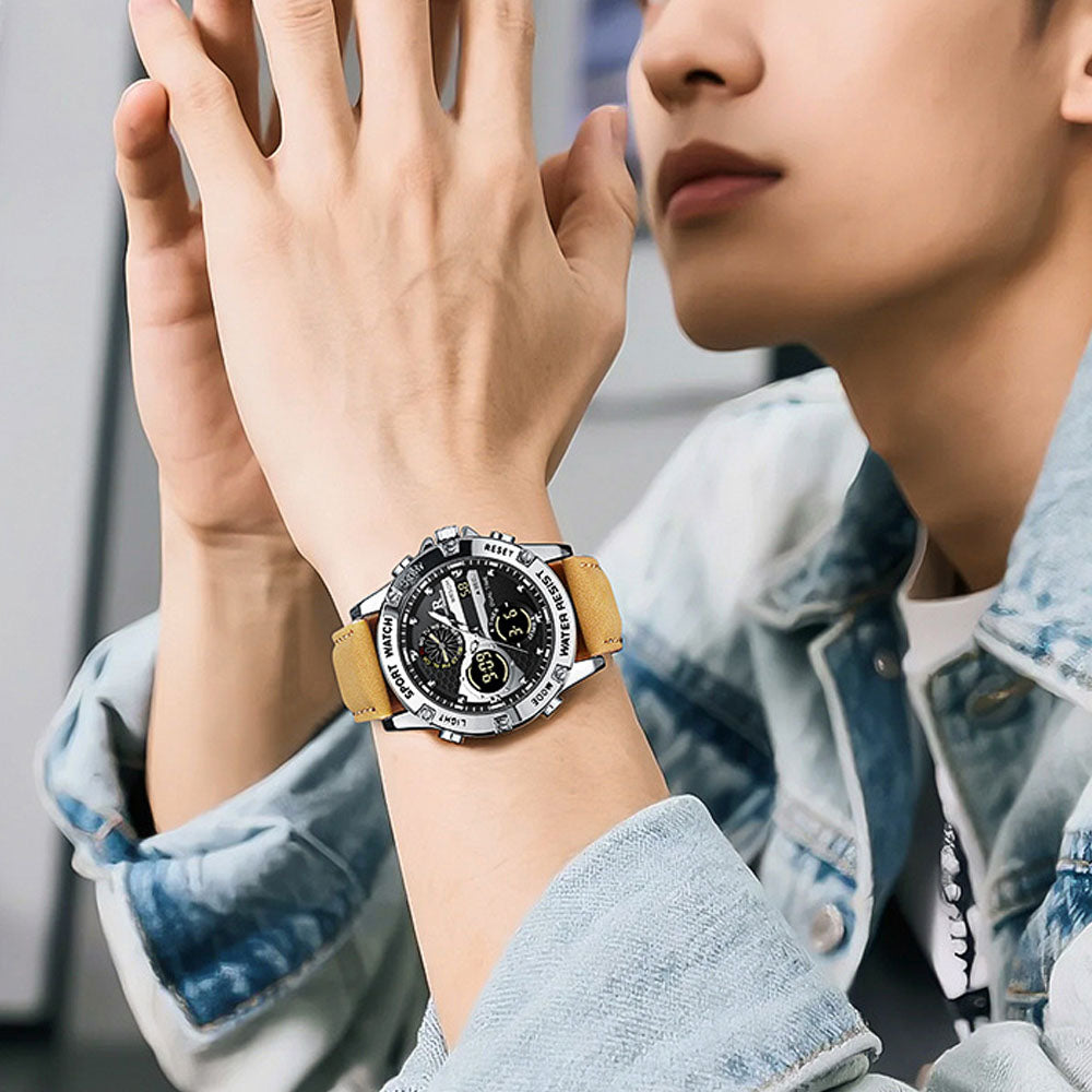 Men's Fashion Analog Digital Quartz Watch - Waterproof Leather Strap
