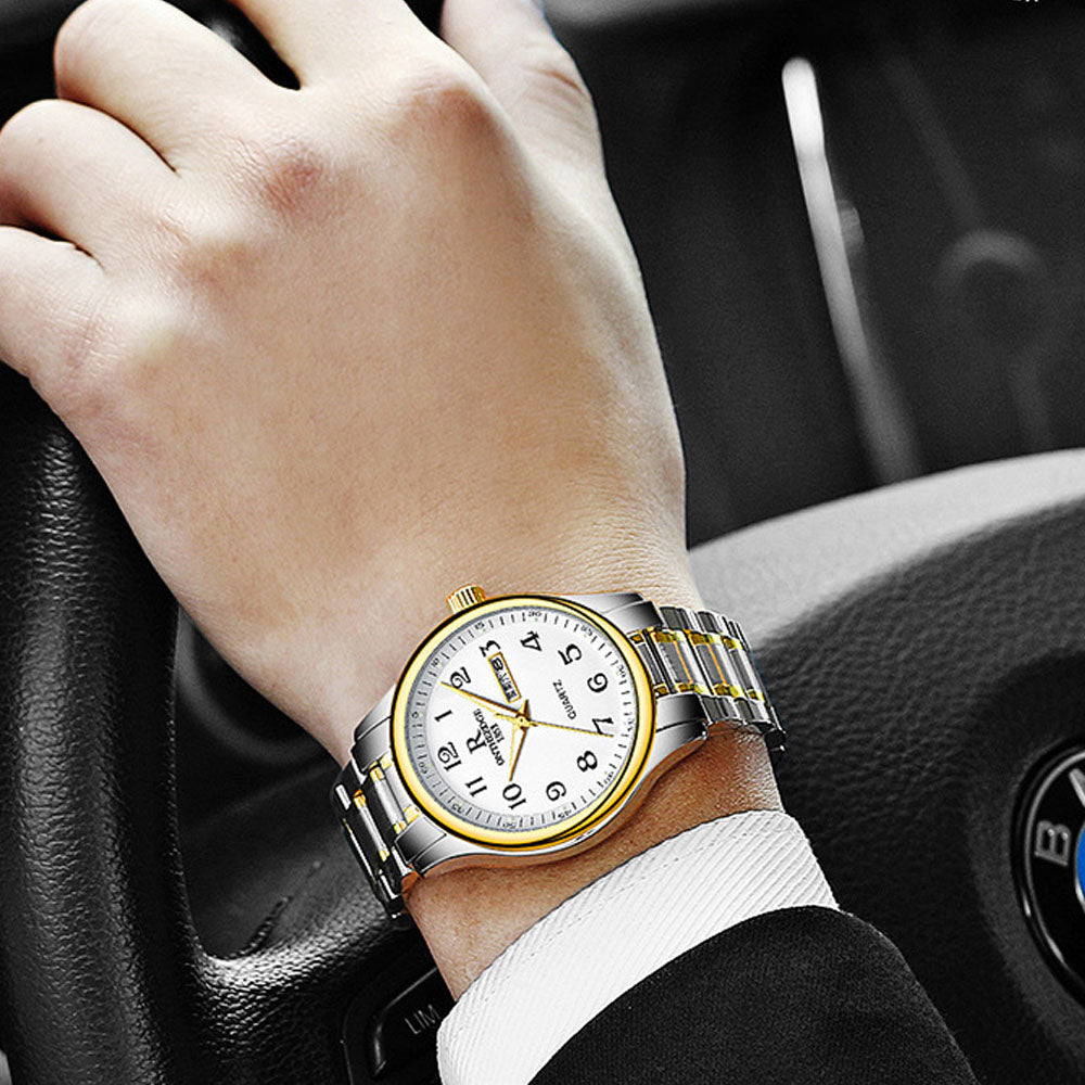 Gold Waterproof Quartz Watch with Large Dial & Luminous Hands
