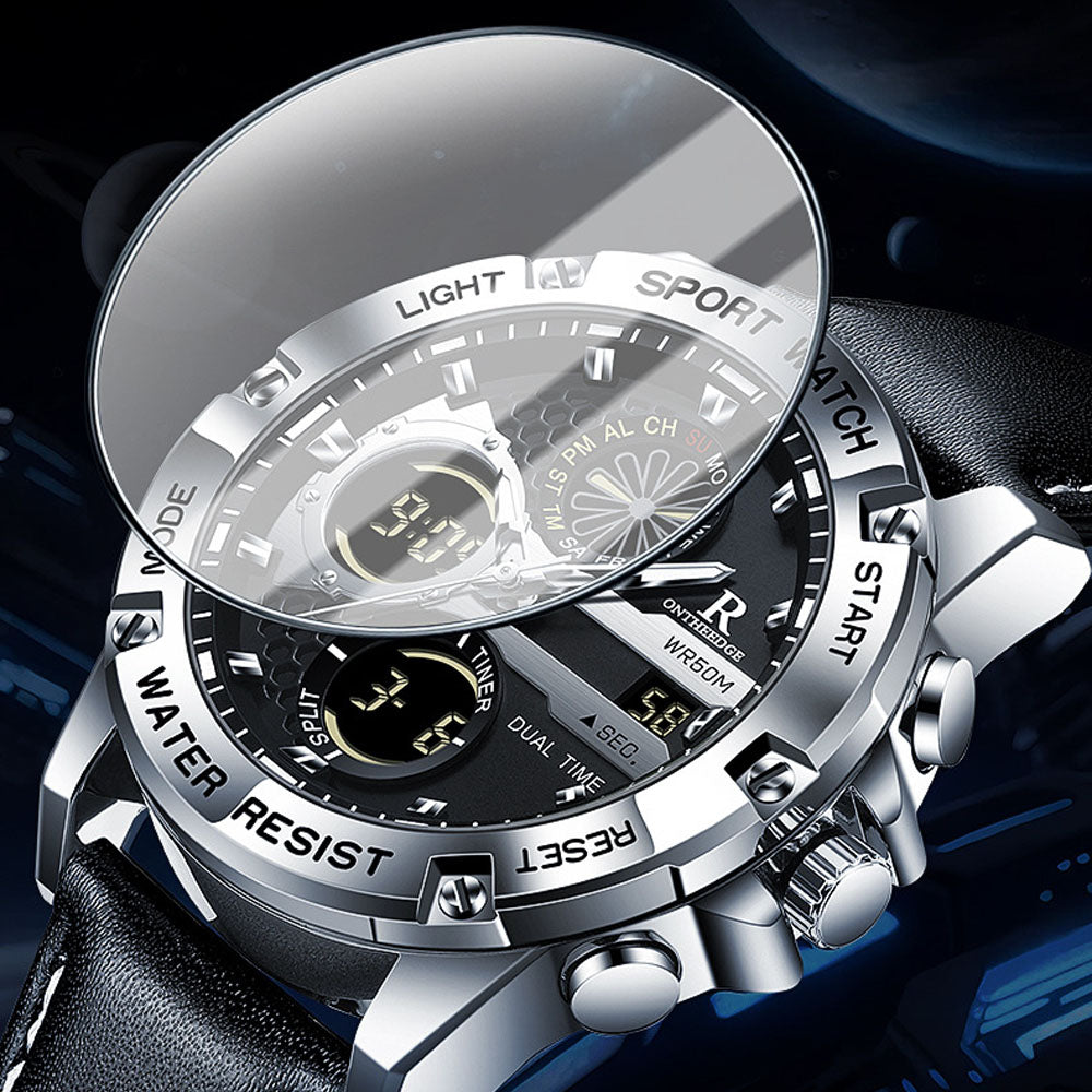Dual Display Leather Men's Watch - Water Resistant Quartz