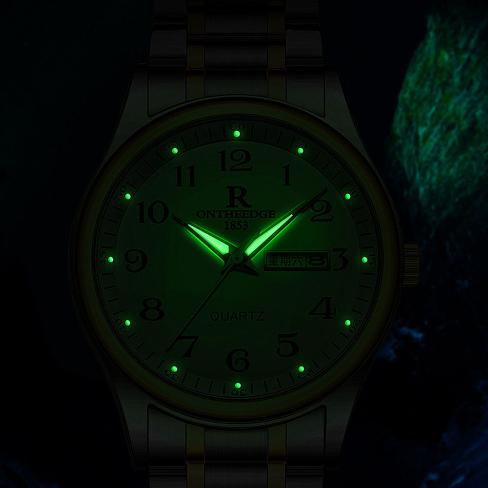 Gold Waterproof Quartz Watch with Large Dial & Luminous Hands