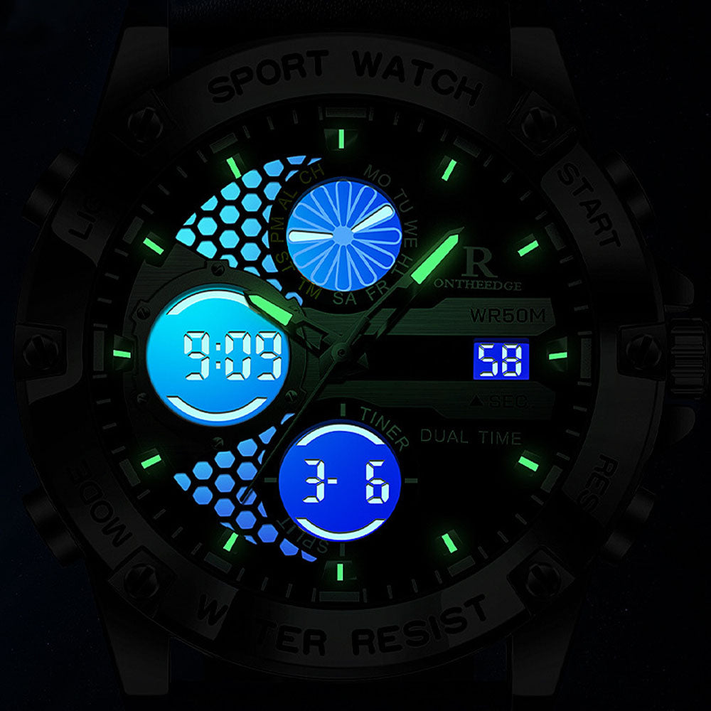 Dual Display Leather Men's Watch - Water Resistant Quartz