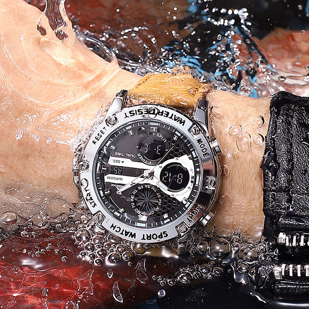 Men's Dual Display Leather Watch with Alarm & Calendar
